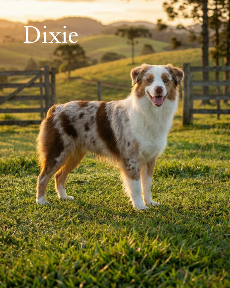 dixie-femea-pastor-americano-miniatura-fim de tarde no campo-lages-rancho-texas-dog